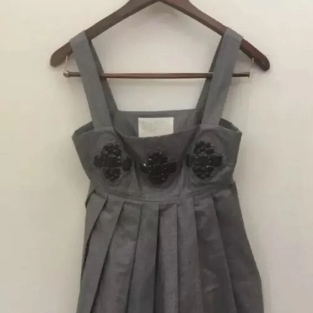 Karta Gray Metallic Pleated Dress M | Beaded Bodice | A-Line Party Cocktail